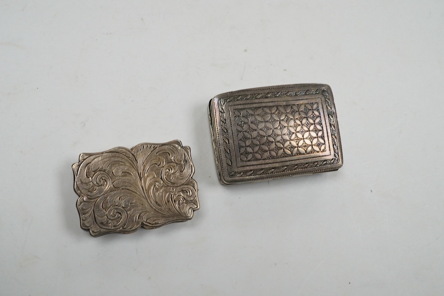 A late George III silver rectangular vinaigrette, John Thropp, Birmingham, 1819, 39mm and one other foliate scroll engraved silver vinaigrette, Birmingham, 1845. Condition - poor to fair